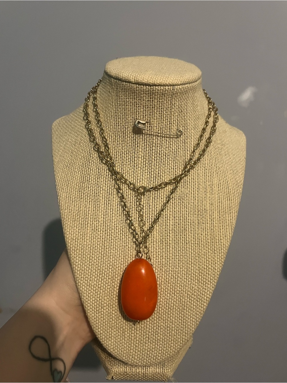 Gold Chain Necklace with Orange Stone Pendant